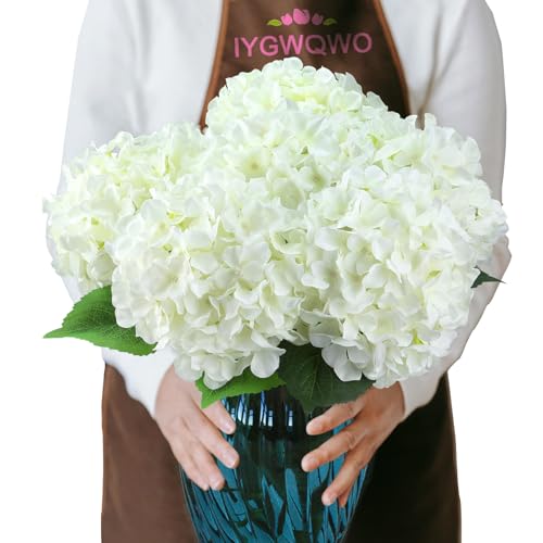6PCS White Large Silk Hydrangea Flowers, 20 in Full Faux Hydrangea Artificial Flowers with Stems Leaves for Fake Lifelike Spring Bouquets Wedding Party Table Centerpieces Indoor (White) - color: White