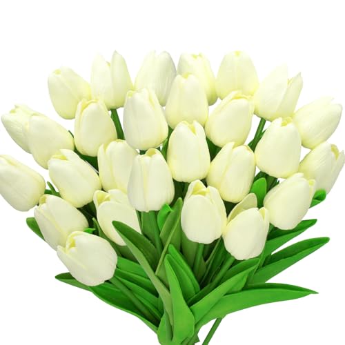 28pcs Cream Flowers Artificial Tulip Stems Real Feel PU Tulips for Easter Spring Wreath Wedding Bouquet Centerpiece Floral Arrangement Cemetery Table Décor 13" Tall - color: Cream