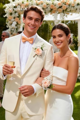 Serwalin Champagne Corsage and Boutonniere Set, Prom Flower Wrist Corsage Bracelets, Homecoming Roses Corsage Wristlet and Men Boutonniere for Wedding Flowers Accessories Prom Suit Decorations - color: Champagne, size: 1 Boutonniere & 1 Wrist Corsage - 2p