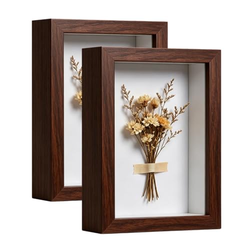 4x6 Shadow Box -2Pack Walnut Color Wooden Deep Picture Frame with Shatter-Resistant Panel for Wall Decor | 3D Display Case for Flowers, Photos and Crafts | Easy to Open & Ready to Hang Gift Idea - color: Walnut Color, size: 2Pcs 4x6in