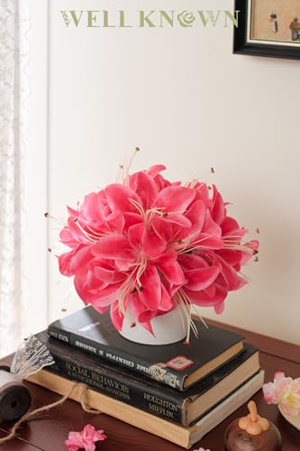 Artificial Flowers in White Vase, Fake Hot Pink Lily Flowers with White Ceramic Vase, Small Potted Faux Floral Arrangements for Home Coffee Tea Wedding Dining Table Centerpiece Lavatory Decor - color: Lily, Pink