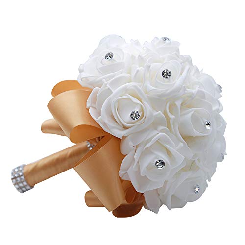 MOJUN Wedding Bouquets Crystal PE Roses Bridal Bridesmaid Wedding Hand Holding Bouquet Artificial Fake Flowers Toss Bouquet, Khaki - color: Khaki