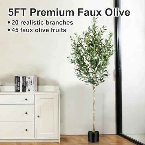5FT Olive Tree Artificial Indoor - Tall Faux Olive Tree with Wood Trunk and Lifelike Fruits - Fake Plants in Pot for Home Office Living Room Decor - size: 5ft