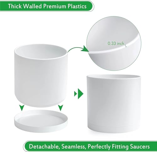 D'vine Dev 2 Pack 12 Inch Modern Plastic Plant Pots, Cylindrical Garden Planters for Plants with Drainage Holes and Saucers, White, 74-Z-P-1 - size: 12"