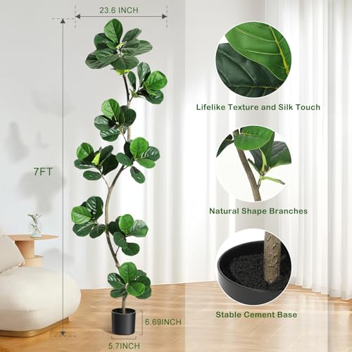 GarveeHome Artificial Fiddle Leaf Fig Tree - 7 ft Fake Plant with Black Nursery Planter, Large Floor Plants for Home or Office Decor - Artificial Plants Indoor Outdoor, Housewarming Gift - size: 7ft