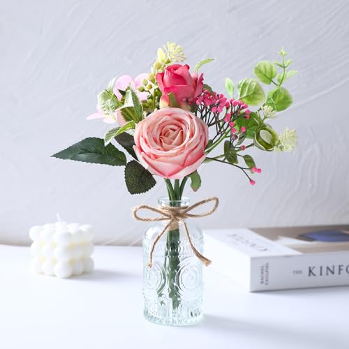 AFRITEE Flowers Bouquet in Small Vase - Pink Rose Artificial Fake Centerpiece Potted Flowers with Transparent Vase Set for House Dining Room Farmhouse Coffee Wedding Table - color: Pink Bouquet+relief Vase