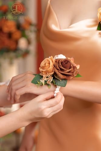 TINGE TIME Set of 2 Wrist Corsage Bracelets Pearl Wristlet Band Bridesmaid Bracelet for Wedding Ceremony Bridal Shower Wedding Artificial Flower Prom (Terracotta) - color: Terracotta