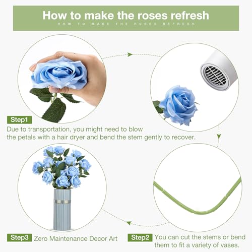 Thiccywoov 30 Pcs Rose Artificial Flowers in Bulk Lifelike Long Stem Silk Roses Bouquets Realistic Faux Flowers for Wedding Bridal Shower Home Decor Floral Arrangements Table Centerpiece(Light Blue) - color: Light Blue
