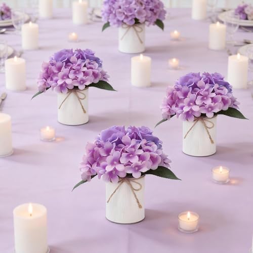 Flower Table Centerpieces - Set of 6 Floral Arrangement Artificial Wedding Hydrangeas Floral Arrangement with Rustic Metal Vase for Bridal Tea Party Event Decorations - Purple - color: Purple