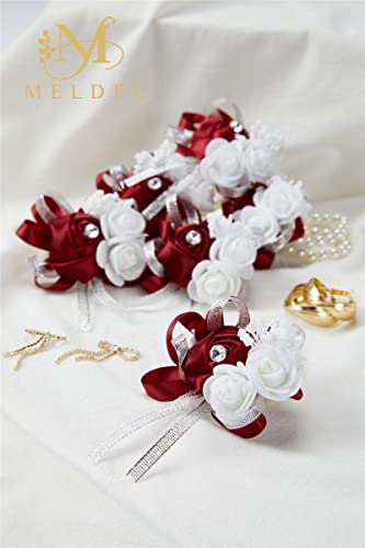 6pcs Burgundy Wedding Corsages Faux Silk Wine Red Rose for Women | for Wedding, Prom, Homecoming, and Evening Party, Wrist Corsages with Pearls for Brides, Bridesmaids, Mother of the Bride - color: 6pcs Wine Red Wrist Corsages