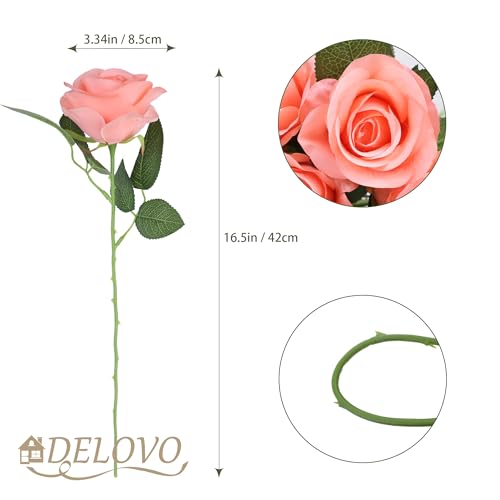 52pcs Coral Peach Roses Artificial Flowers Fake Flowers Silk Roses with Stems for DIY Wedding Bouquets Bridal Shower Centerpieces Arrangements Party Decorations - color: Coral Peach