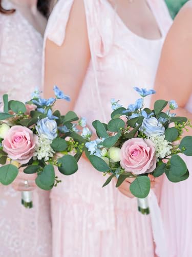 Rinlong Pink Blue Bridesmaid Bouquet for Wedding, Prom, Homecoming | Silk Bridal Bouquet, Destination Friendly - color: 17-white Pink & Blue