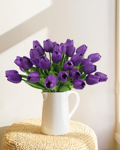 MACTING 30 PCS Artificial Tulip Flowers 13.7" Real Touch Fake Flowers Faux PU Tulips Bouquet for Floral Arrangements Table Centerpieces Kitchen Home Mothers Day Spring Easter Decorations,Purple - color: Purple