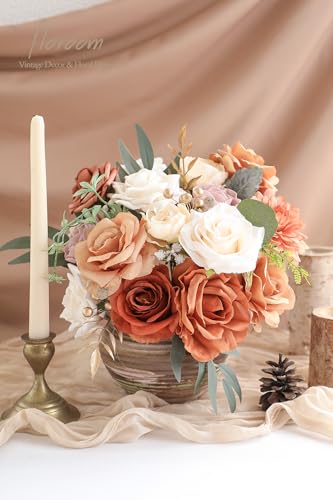 Floroom Terracotta Artificial Flowers Burnt Orange Fake Roses Peonies Dahlia Greenery Combo Box Set for DIY Wedding Bouquets Bridal Shower Centerpieces Floral Arrangements Party Tables Home Decoration - color: Amber Terracotta