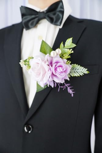 Purple Corsage and Boutonniere Set for Wedding Prom, Artificial Rose Flower Wrist Corsage Bracelets, Homecoming Corsage Wristlet, Boutonniere for Men Wedding Suit Decorations - color: Purple