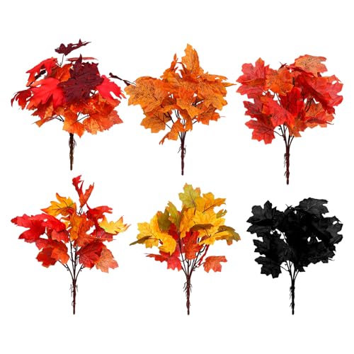 6 Pcs Artificial Fall Leaves Branches Fall Flowers 13.8 Inch Faux Autumn Maple Stems Mixed Colors Black Red Orange Floral Picks for Thanksgiving Table Centerpiece Halloween Home Decor - color: Red 2