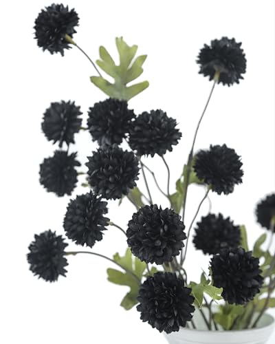 DuHouse 6pcs Black Flowers Faux Silk Pompon Mum,Silk Small Mini Chrysanthemum Ball with Stems for DIY Wedding Bouquets Centerpieces Vase Home Table Halloween Decorations(Black) - color: Black, size: 6pcs