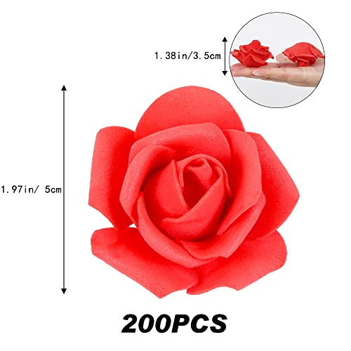 Stemless Rose Artificial Flower Heads, 200Pcs Red Roses 1.97in Foam Roses Artificial Rose Flower Heads Fake Roses Heads Artificial Roses for DIY Craft Wedding Baby Shower Decoration(Red) - color: Red