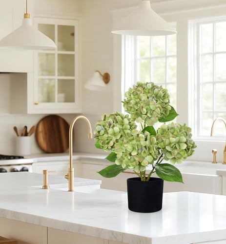 Hollyone Green Hydrangea Artificial Flowers in Pots 19.7" Four-Head Faux Silk Hydranges Flower Arrangements for Indoor Home Office Kitchen Table Centerpieces Wedding Decorations - color: Green, size: 4 Head Hydrangea
