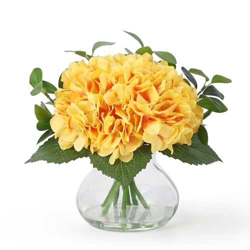 Hydrangea Artificial Flowers in Vase, Silk Faux Hydrangea Arrangements with Glass Vase and Faux Water for Home Decor Wedding Bouquets Table Centerpieces, Yellow, Set of 7 - color: Hydrangea Stems With Faux Water, size: Yellow