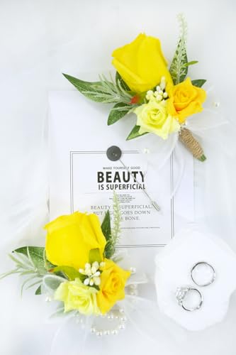 Yellow Corsage and Boutonniere Set for Wedding Prom, Artificial Rose Flower Homecoming Corsage Wristlet, Boutonniere for Men Wedding Suit Decor - color: Yellow