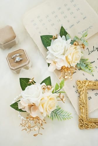 Champagne Corsage and Boutonniere Set for Wedding Prom, Artificial Rose Flower Wrist Bracelets, Homecoming Corsage Wristlet, Boutonniere for Men Wedding Suit Decorations - color: Champagne