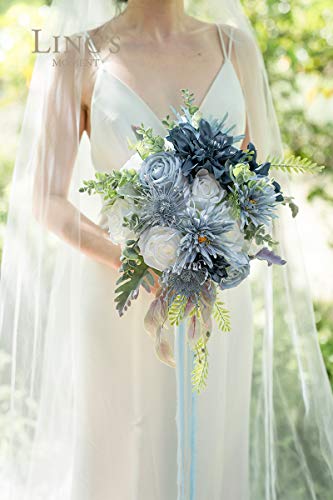Ling's moment Fake Flowers Box, Faux Artificial Greenery Stems Foam Roses Silk Dahlia Fabic Flower for Centerpieces Bouquet Wedding Vase Floral Arrangement Decorations, Dusty Blue & Navy, Grand Combo - color: Blu-dusty Blue & Navy, size: Grand