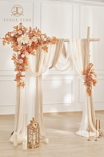 TINGE TIME Wedding Arch Flowers Kit - Deluxe 5pcs Artificial Floral Swag with 3 Sheer Drapes, Realistic Silk Flower Arrangements for Wedding Ceremony Arbor Backdrop Reception Party Home Decor - color: Burnt Orange & Champagne