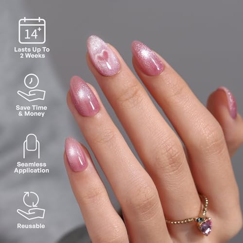 32Pcs Soft Gel Press on Nails for Women, Pink Heart, Short Almond | Magnetic Glass Cat Eye False Fake Nails Press Ons for Office Daily Wear, Salon Quality Reusable Glue & Stick on Nail Gift Kit - color: 1C-Pink Heart