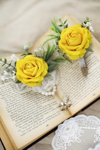 Ansofi Yellow Corsage and Boutonniere Set Artificial Rose Flower Wrist Corsage and Boutineers for Groom Groomsmen Bride Bridesmaids Prom Rustic Vintage Wedding Decor - color: Yellow