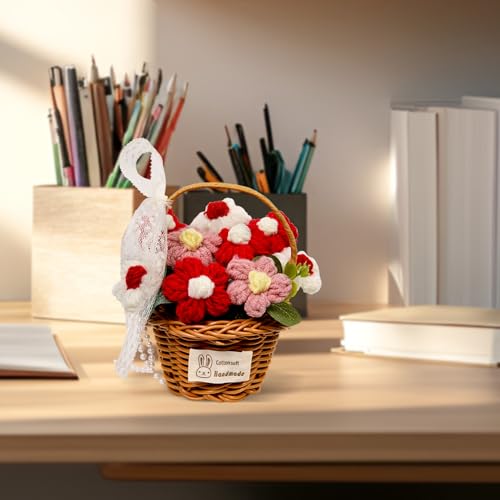 Crochet Sunflowers Bouquet, Handmade Knitted Sunflower Basketed for Mom, Friends, Teacher Appreciation Gifts, Desk Decor, Christmas, Graduation, Cute Birthday Gifts for Woman (Basket Pink-Red) - color: Basket Pink-red
