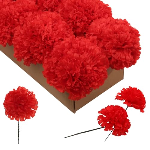 Larksilk 100 Pack Artificial Carnations - Bulk Silk Flowers for Weddings, Mother's Day, Graduations, Easter & Memorial Day - 3.5" Heads, 5" Stems, Real Touch Petals, 18 Colors Available - Red - color: Red, size: 100