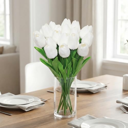 20 Stems Artificial Tulips Pure White PU Fake Flowers Fake Tulips for Valentine's Day Wedding Home Spring Decor