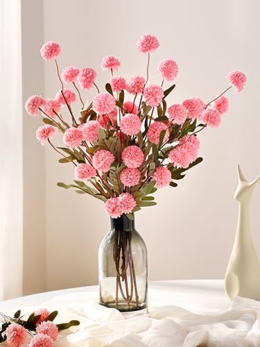 Waipfaru 10pcs Fake Flowers, Artificial Pompon Mums, Bulk Faux Chrysanthemums Flowers for Indoor Home Decorations, Boho Decor, Pink, No vase - color: Pink