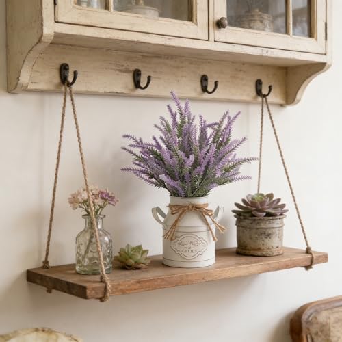 FJAKA 2Pcs Artificial Lavender Flowers in Pots with Vase, Fake Faux Lavender Flowers Decor, for Farmhouse Table Centerpiece Windowsill Country Indoor Mantle Decor