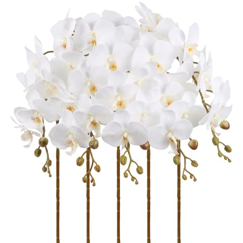 White Orchids Artificial Flowers 5PCS Fake Orchid 35.4" Long Stem Faux White Flowers Silk Orchids That Look Real for Bridal Shower Home Party Wedding Decoration - color: White