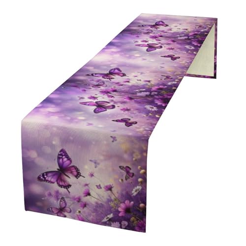 Flowers Butterfly Spring Table Runner, Purple Floral Seasonal Kitchen Dining Table Decoration for Home Party Decor 13x36 Inch - color: Butterfly_3, size: 13x36inch