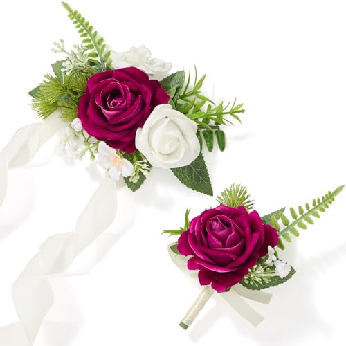 Alecono Fuchsia Corsage and Boutonniere Set, Hot Pink Corsage Wristlet for Bridesmaids, Boutonniere for Groom Groomsmen, Prom Wedding Accessories Suit Decorations - color: Fuchsia, size: Corsage and Boutonniere Set