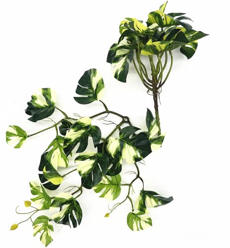 Artificial Monstera Plants, Fake Tropical Palm Small Potted Faux Hanging Greenery Mini Plants for Indoor Outdoor Home Office Garden Houseplants Pot Decor Wedding Party Decorations - Oil Painting Green - color: Monstera Plant - White Green 1 Pcs