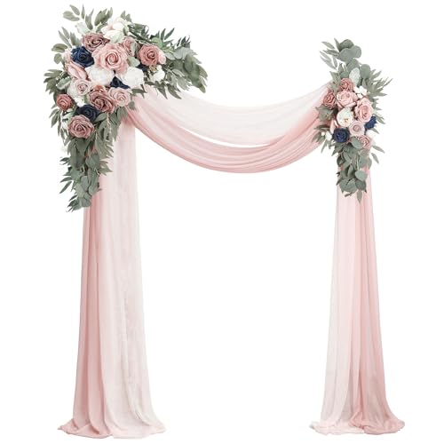 Floroom Arch Flowers with Drapes Kit (Pack of 4) - 2pcs Artificial Dusty Rose & Navy Blue Floral Swag Arrangement with 2pcs Draping Fabric for Wedding Ceremony Arbor and Reception Backdrop Decoration - color: Dusty Rose & Navy