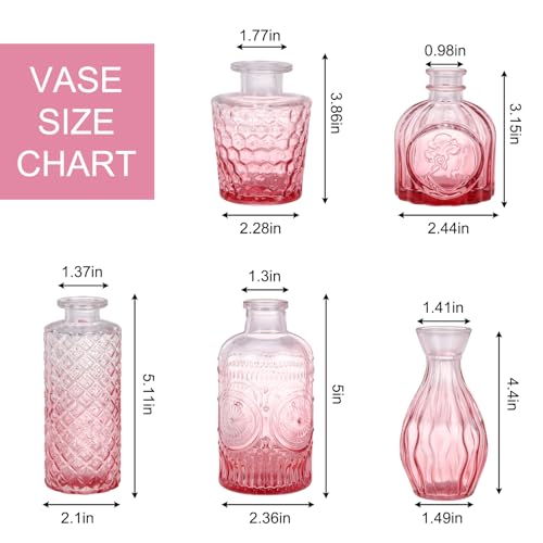 5pcs Pink Glass Bud Vase Set, Small Flower Vases for Centerpieces in Bulk, Mini Vintage Vase for Home, Wedding, Table Decor - color: Pink, size: 5pcs
