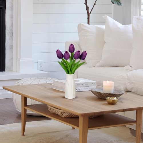 Briful 2 Packs Faux Flowers Artificial Tulips with Ceramic Vase, Poly Foam Purple Tulips Real Touch Flower Arrangement for Home Kitchen Wedding Centerpiece Decoration - color: Dark Violet