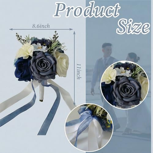 Wedding Bouquets for Bride, Dusty Blue Bridal Bouquet | Realistic Silk Rose for Rustic Boho Church Ceremony, Proposal, Thanksgiving, Wedding Decor - color: Dusty Blue