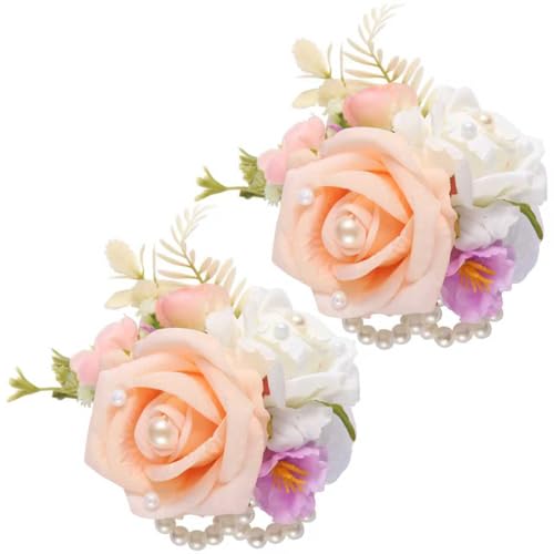 2Pcs Champagne Wrist Corsage, Artificial Rose Corsage Wristlet Bracelet for Wedding Prom Bridesmaid Bride Flower Girl Party. - color: Champagne, 2pcs Wrist Corsage