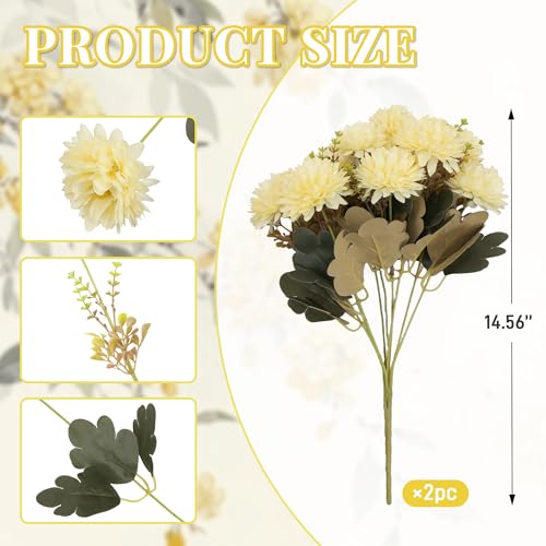 18 Heads Cream White Artificial Chrysanthemum Flowers Fake Mums White Kiku Ball Flowers Bouquet Silk Chrysanthemums for Indoor Outdoor Table Centerpiece Vase Wedding Decoration, 2 Pcs - color: Creamy White Chrysanthemum