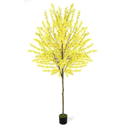 6Ft Tall Artificial Forsythia Tree, Fake Tree Faux Silk Plant with Plastic Nursery Pot,Artificial Plants for Home Office Indoor Decor(Yellow) - size: 6ft