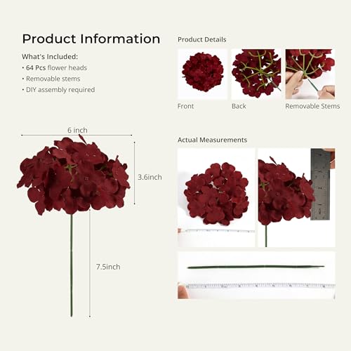 Auihiay 64PCS Burgundy Hydrangea Artificial Flowers, Silk Hydrangea Heads with Stems, Fake Flowers for DIY Wedding Centerpiece, Home, Party, Baby Shower, Garden Decoration (Burgundy) - color: Burgundy