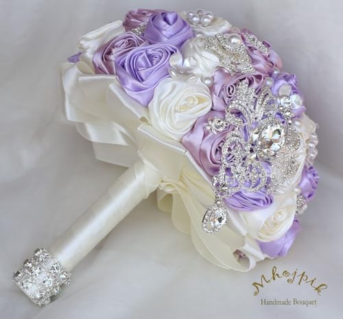 Bridal Wedding Bouquet Round Bling Brooch Bouquet Artificial Rose Flower Bunch for Bride Bridesmaid Wedding Quinceanera(Light Purple, Light Taro & Ivory, 7.5") - color: Light Purple, Light Taro Purple & Ivory, size: Small (Dia. 7.5"/19cm)