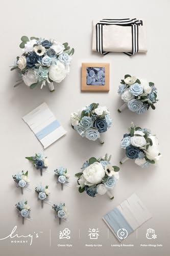 Ling's moment Wedding Artificial Flowers Package, Bridal Bouquet, Bridesmaid Bouquets, Boutonniere for Men, Rose Petals.Blue - color: Blu-blue