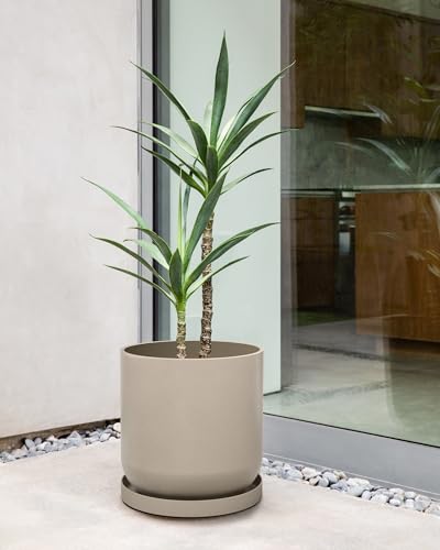 Veradek Mason Series Lima Planter - Round Planter for Indoor or Outdoor Porch/Garden | Made from Plastic-Stone Composite with Drainage Holes | Modern Décor for Succulents, Flowers, Small Plants - color: Sand, size: 15 inches - 2 Pack with Saucers